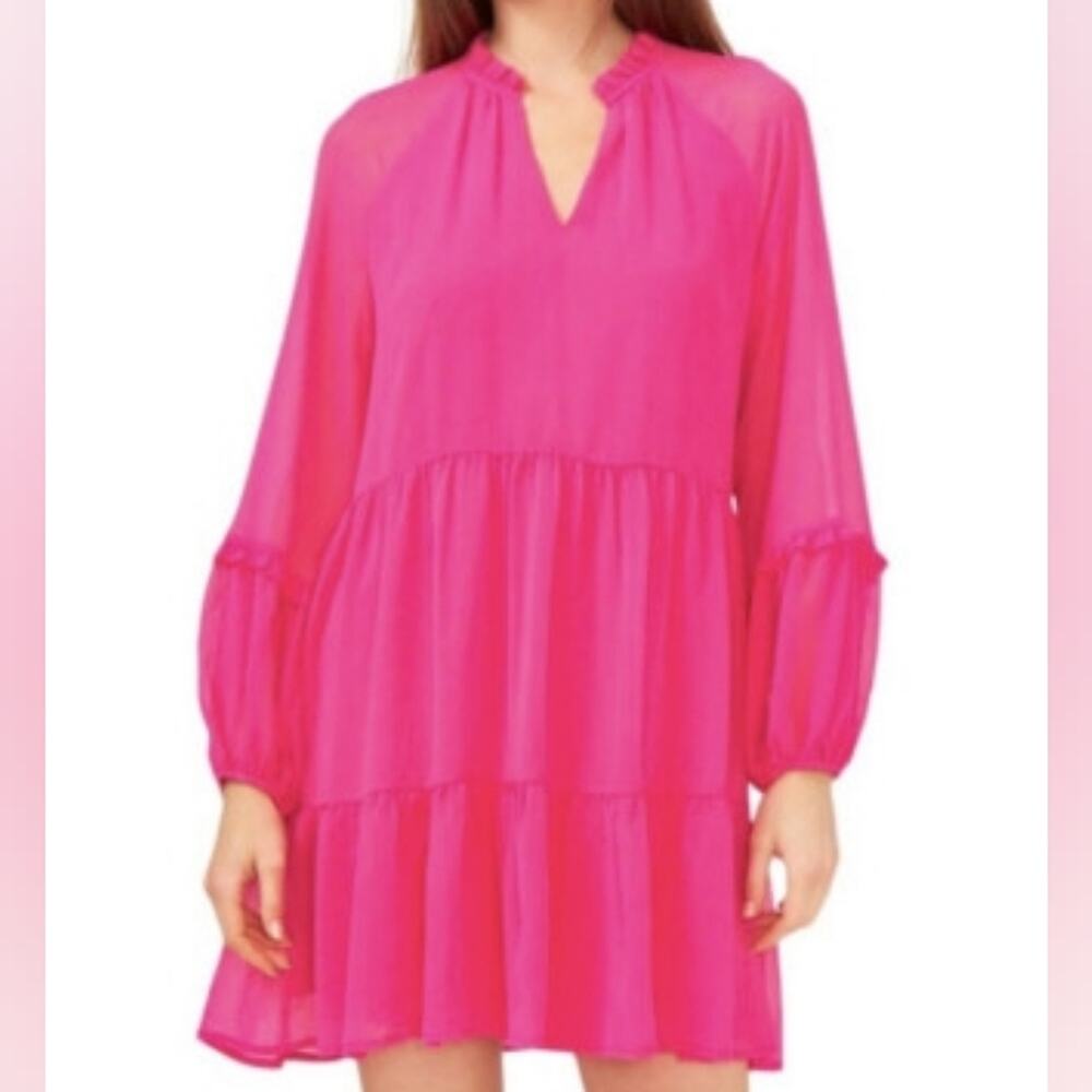 VINCE CAMUTO | Vibrant Ruffled Barbie Pink Long Sleeve Tiered Lined Dress | XXL